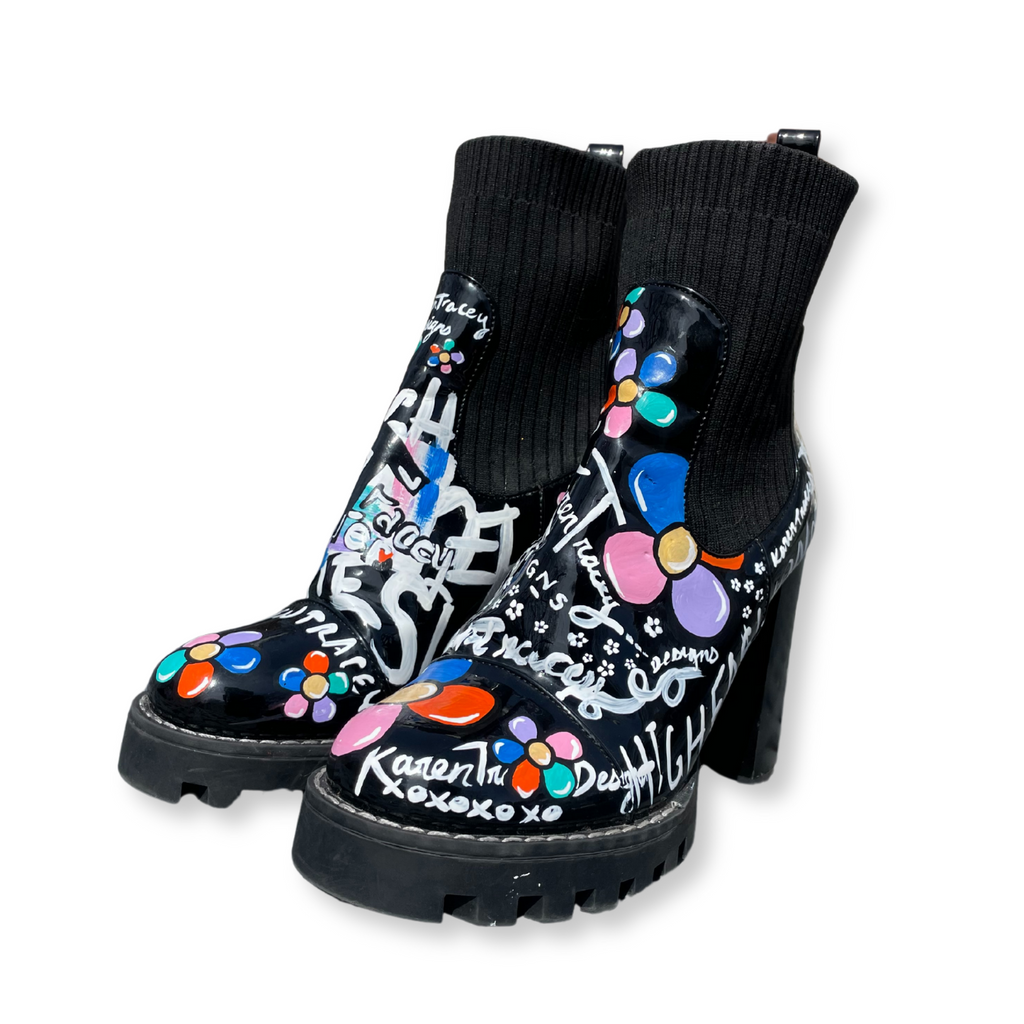 Free-Hand Painted Faux Leather Boot Heels W/ Cartoon Flowers